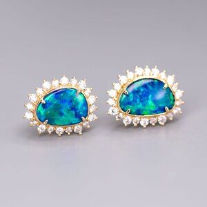 Ocean Blue Doublet Opal Diamond Hola Stud Earrings 18k Yellow Gold